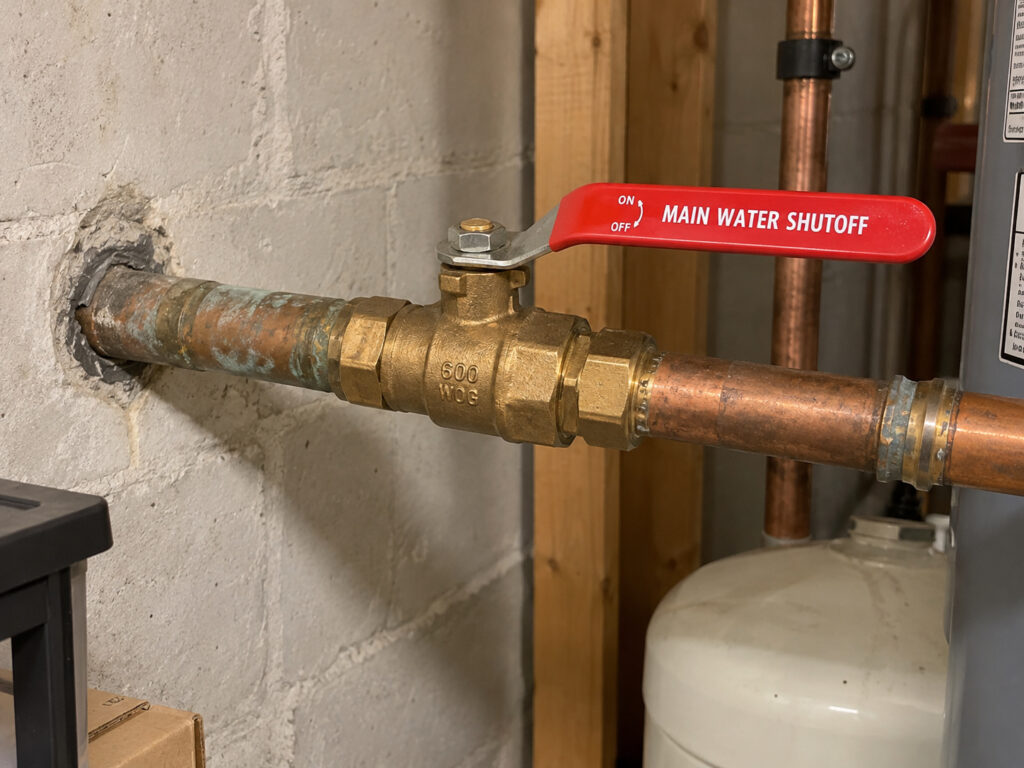 Clean close-up of a main quarter-turn water shutoff, plus a second image showing a typical fixture shutoff.
