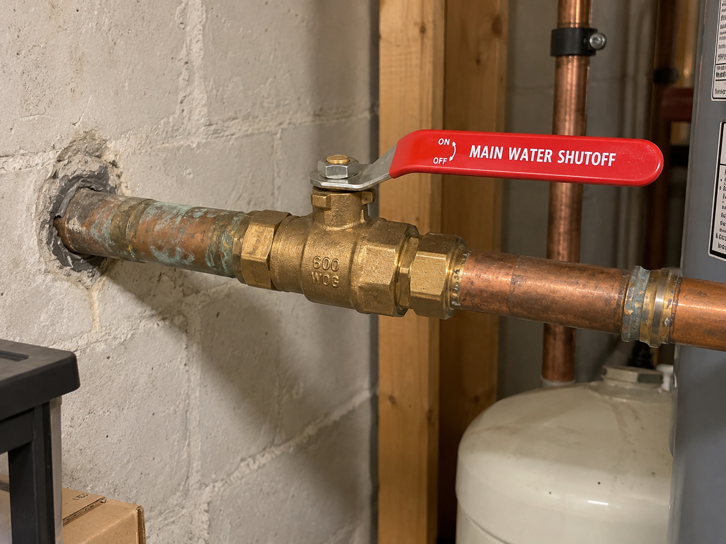 Clean close-up of a main quarter-turn water shutoff, plus a second image showing a typical fixture shutoff.